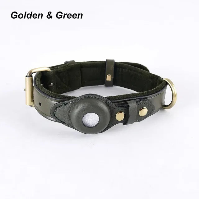 Genuine Leather Dog Collar Heavy Duty Dog Necklace For IPhone Airtag