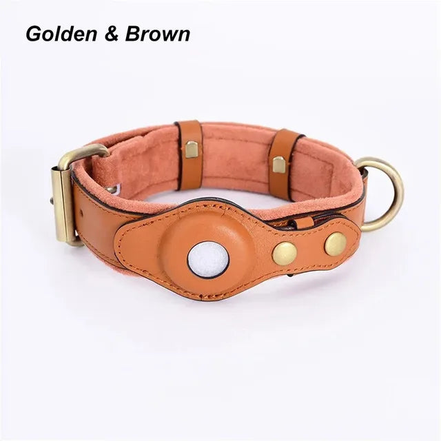 Genuine Leather Dog Collar Heavy Duty Dog Necklace For IPhone Airtag
