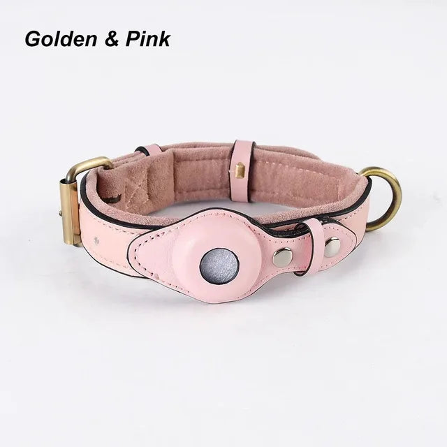 Genuine Leather Dog Collar Heavy Duty Dog Necklace For IPhone Airtag