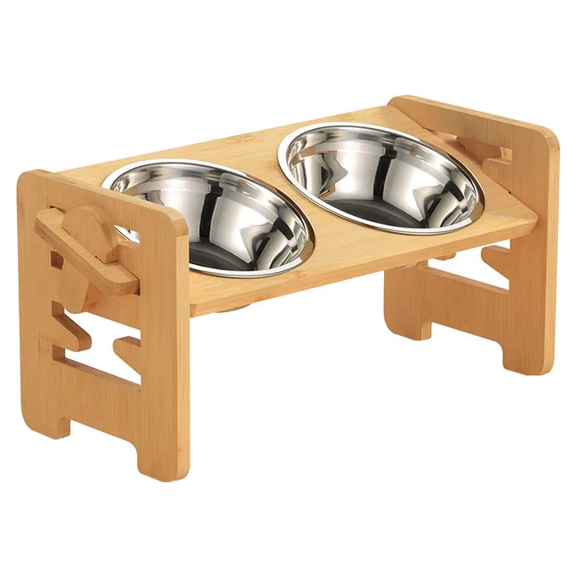 Elevated Dog Bowls Bamboo Tilted Adjustable Dogs Feeder Stand